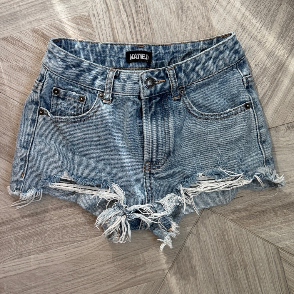 KatieJ Faded Light Blue Distressed High-Rise Denim Shorts